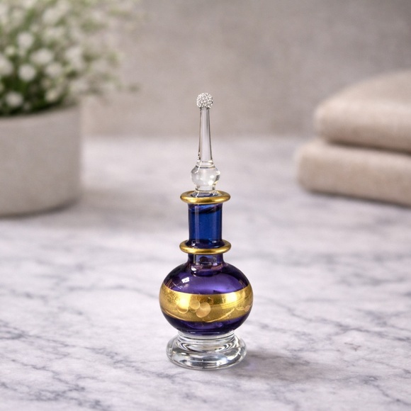 Hand Blown Egyptian Glass Perfume Bottle Blue Purple Gold Mini Genie 3” - Picture 2 of 6